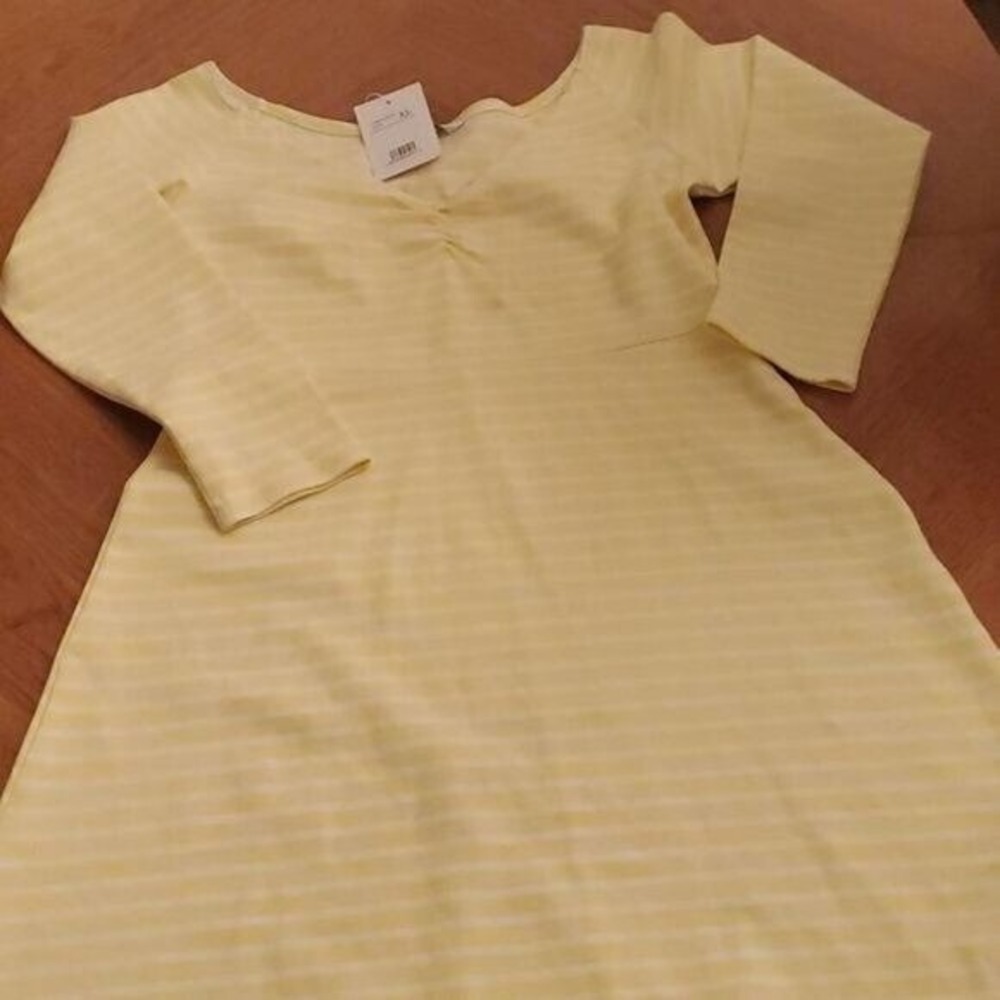 Compania Fantastica Yellow Striped V-Neck Ruched Long‎ Sleeve Dress XL NEW
